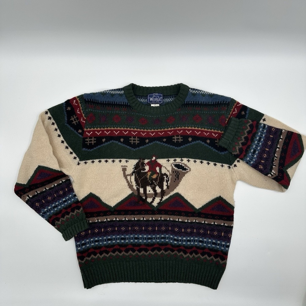 VTG Woolrich Wool Sweater Equestrian Geometric‎ Pattern Womens Large Chunky Knit